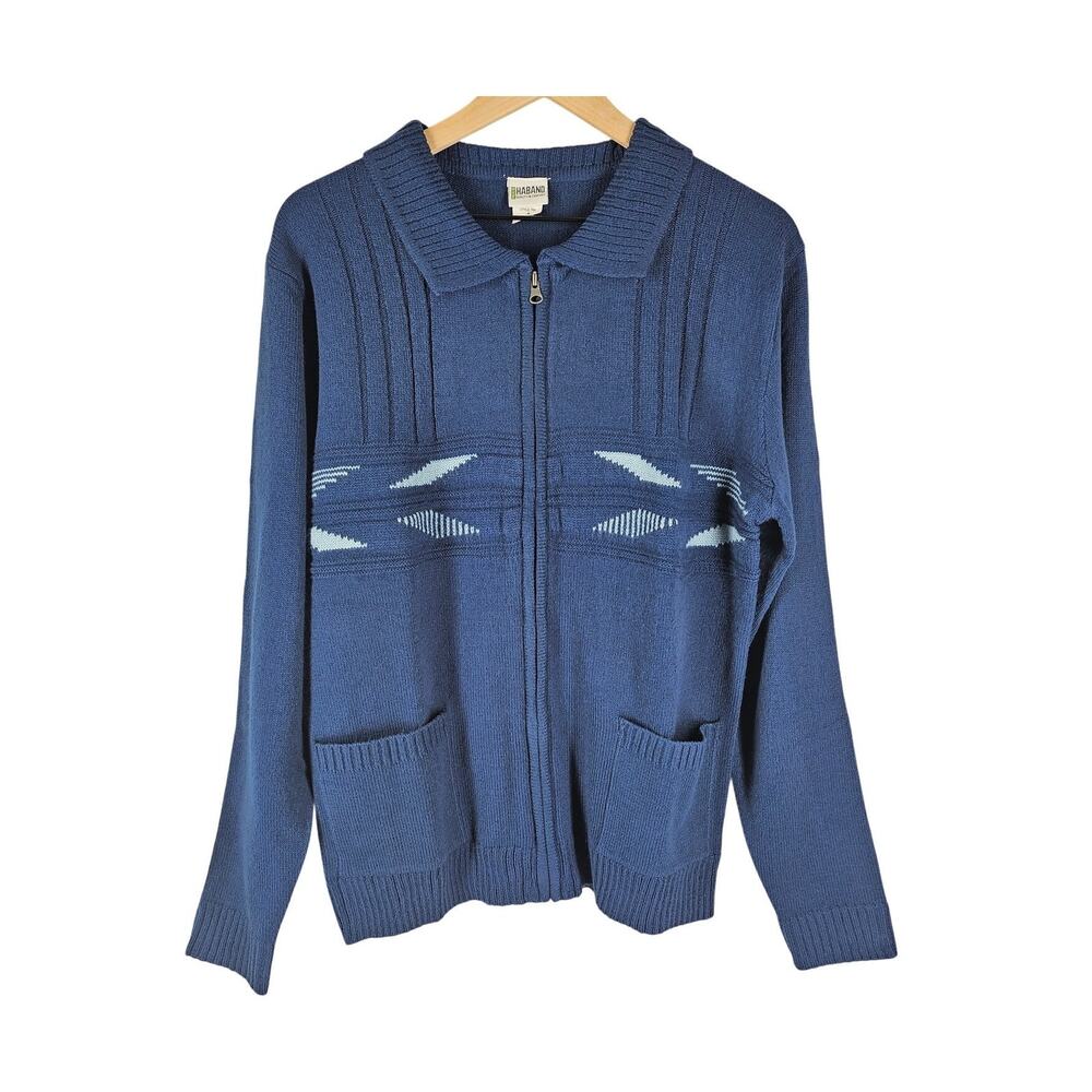 HABAND MEN’S ZIP-UP KNIT CARDIGAN – BLUE – SIZE S – RETRO FAIR ISLE STYLE